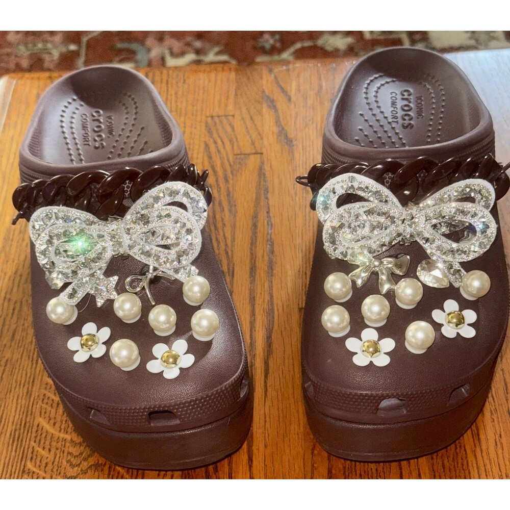 Bling Crocs Siren embellished jibbitz Platform Clog In Burgandy W8